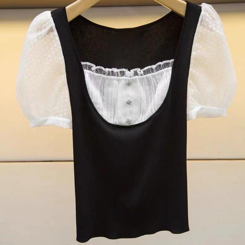 ニット レディース 長袖 方領 レース 接触冷感 ブラック トップス チュニック カットソー 清新 かわいい 修身