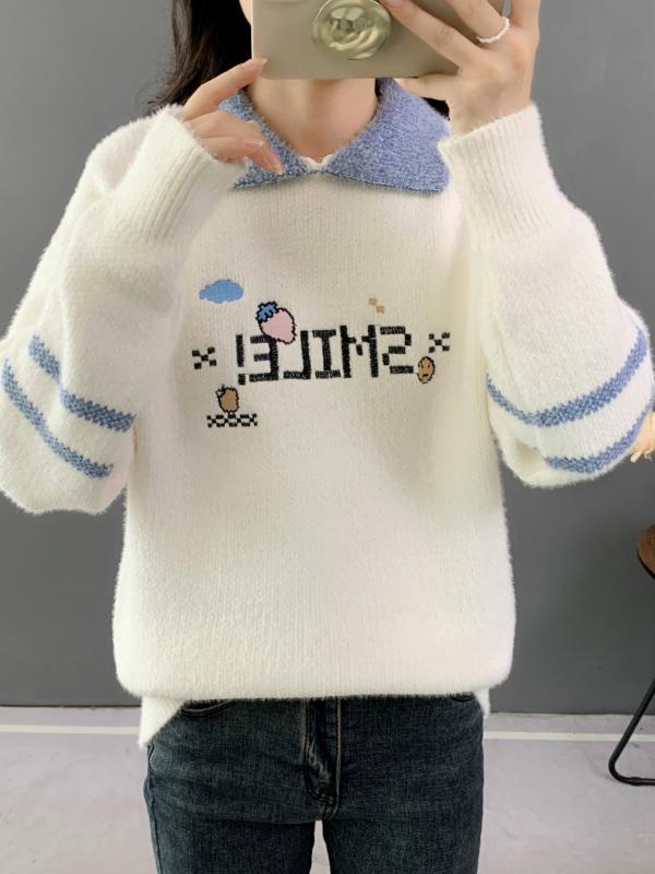 ニット レディース 秋冬 フェイクファー 厚手 ドッキングトップス ドール襟 プルオーバー ゆったり 長袖 カットソー あったか セーター ホワイト ピンク 水色