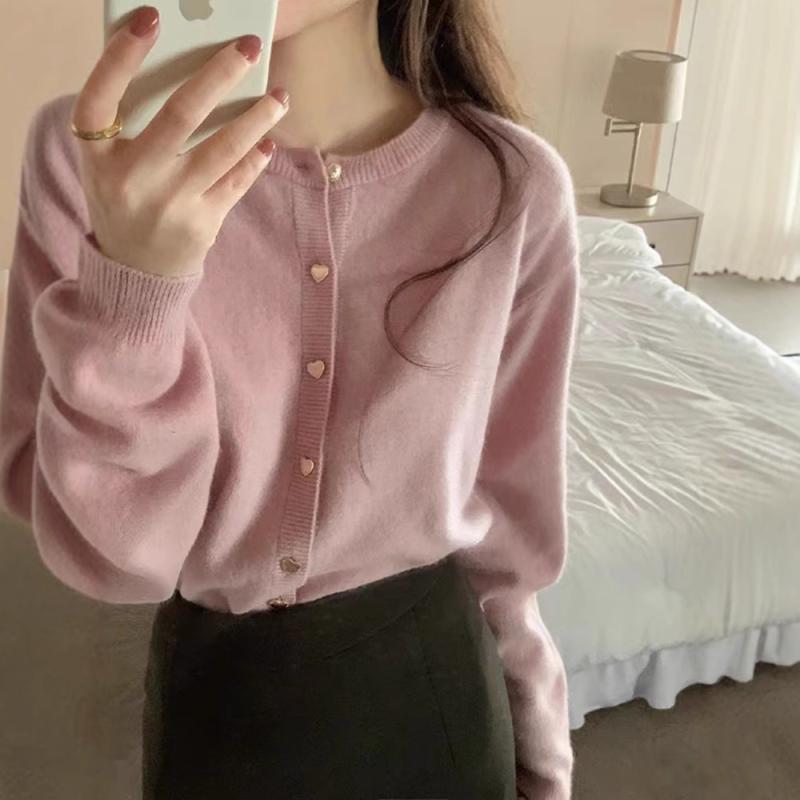 カーディガン レディース ニット 春秋 ポリエステル 綿 無地 長袖 ショート丈 トップス 羽織り かわいい カジュアル ピンク系 ブラック