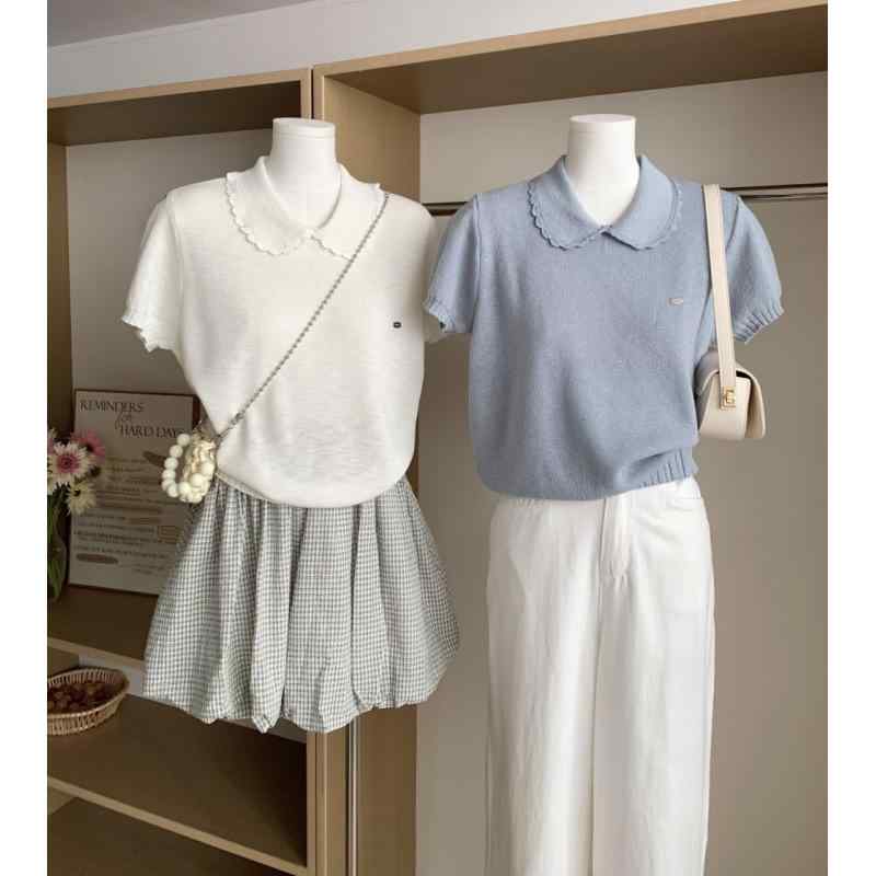 ニット 韓国風 ブラウス レディース 半袖 トップス フェミニン ガーリー ドール襟 襟付き ポリエステル かわいい 上品 きれいめ プルオーバー カットソー ホワイト 白 ピンク ブラック 黒 ブルー 青