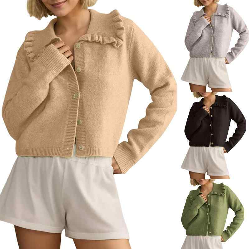 ニット カーディガン レディース 娃娃襟 コットン ポリエステル 長袖 トップス アウター 羽織り 無地 ブラック ホワイト ベージュ系 グリーン グレー