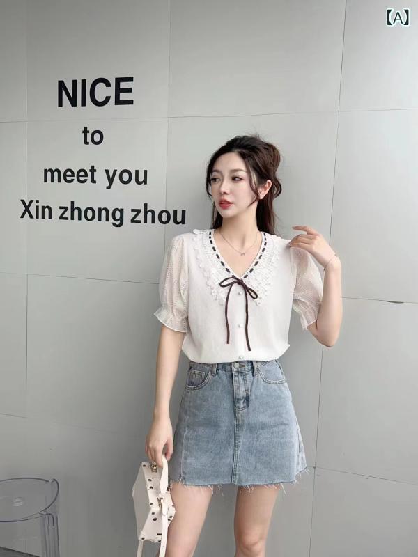 ニット レディース 半袖 パフスリーブ Vネック トップス 接触冷感 薄手 カットソー 修身 かわいい ブラック ホワイト ベージュ パープル スカイブルー