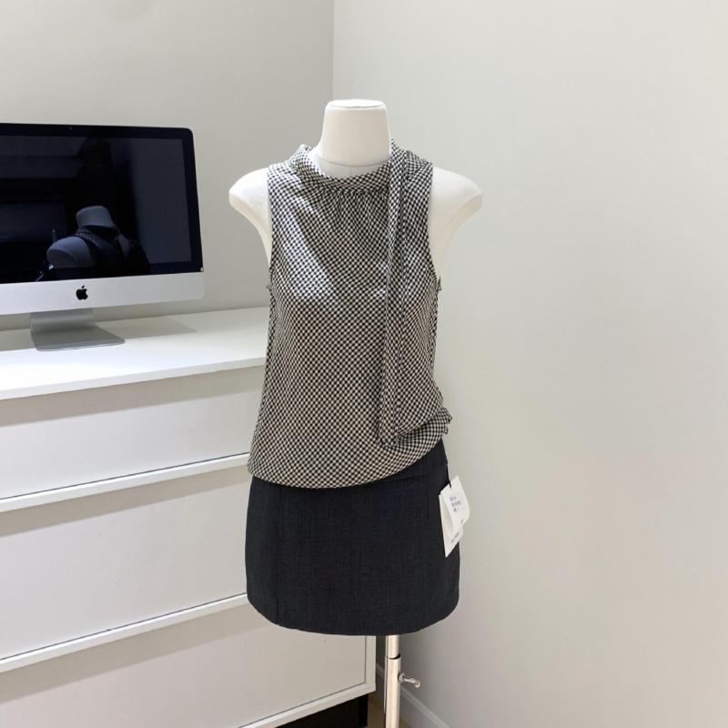 トップス レディース 格子柄 コットン ノースリーブ チュニック S M Lサイズ 清新 甘め かわいい