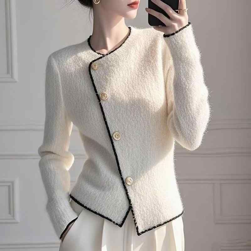 ニット レディース 韓国風 カーディガン 秋冬 トップス 白 黒 赤 青 茶色 ポリエステル 長袖 ラウンドネック 無地 カジュアル