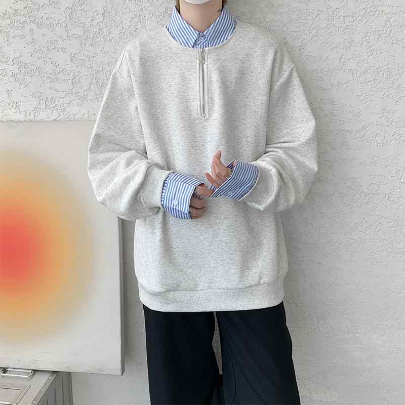 スウェット メンズ フェイクレイヤード プルオーバー 配色 カレッジスタイル ストリート 春秋 トップス 綿 ポリエステル 白 灰色 黒