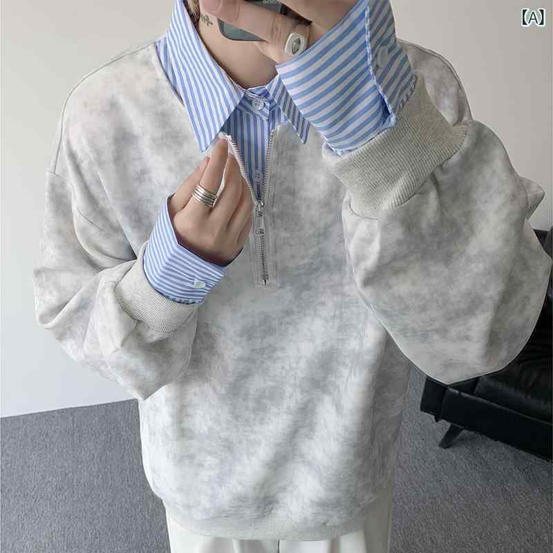 スウェット メンズ フェイクレイヤード プルオーバー 配色 カレッジスタイル ストリート 春秋 トップス 綿 ポリエステル 白 灰色 黒