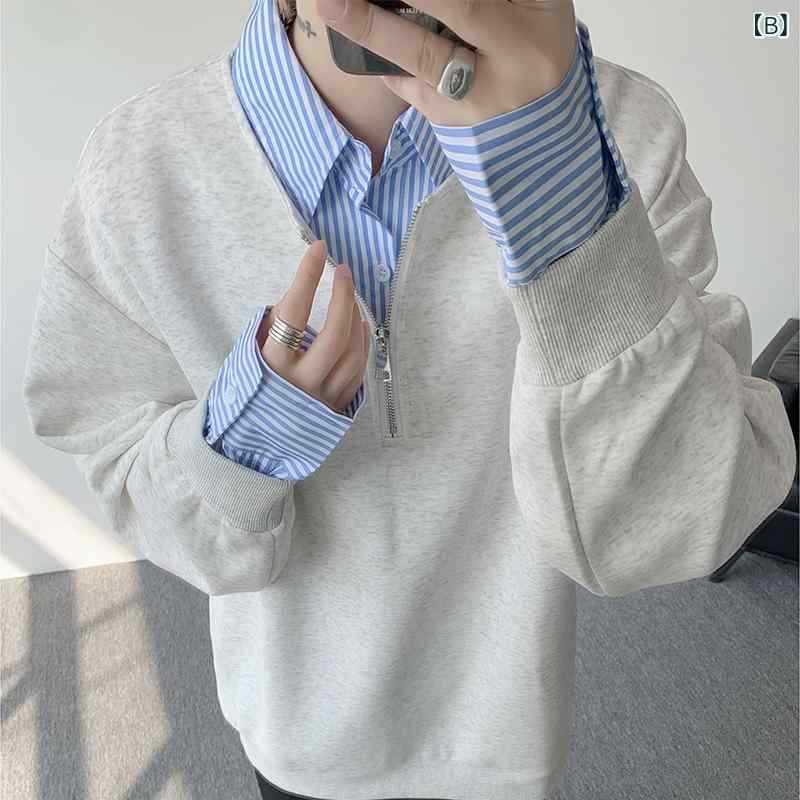 スウェット メンズ フェイクレイヤード プルオーバー 配色 カレッジスタイル ストリート 春秋 トップス 綿 ポリエステル 白 灰色 黒