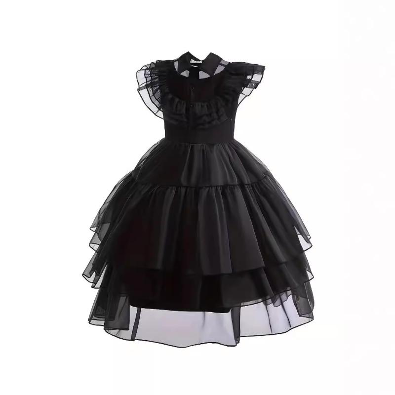 ワンピース キッズ 女の子 ハロウィン コスプレ アダムスファミリー ウェンズデー 風 ブラック フォー..