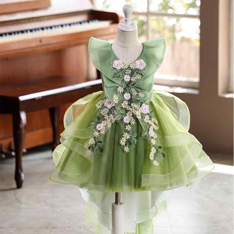 子供用ドレス 女の子 パフスリーブ プリンセスドレス ピアノ発表会 ホステスドレス 演奏会 ロングドレス 裾引き グリーン 森ガール チュール ポリエステル 綿