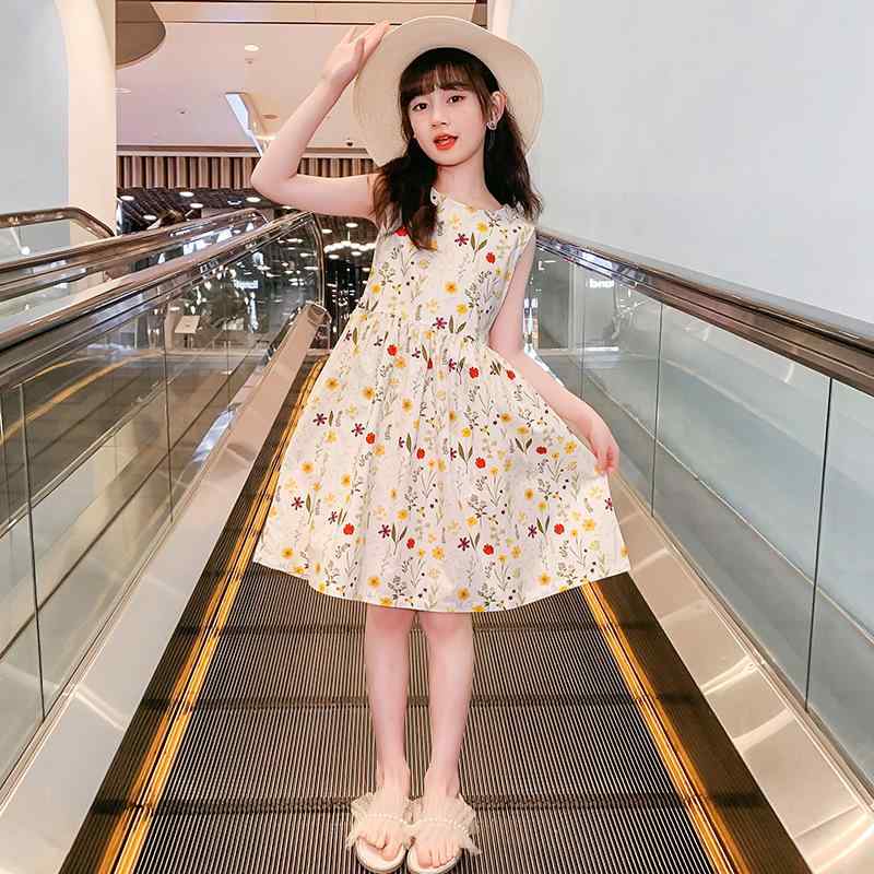 ワンピース キッズ 女の子 夏 綿100% ノースリーブ 花柄 Aライン ウエスト切り替え チュニック 膝丈 か..