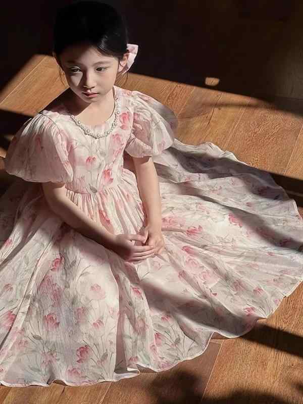 ワンピース キッズ 女の子 子供 花柄 プリンセス パフスリーブ ビーチ スカート 誕生日 ポリエステル かわいい サマー 110 120 130 140 150 160 cm