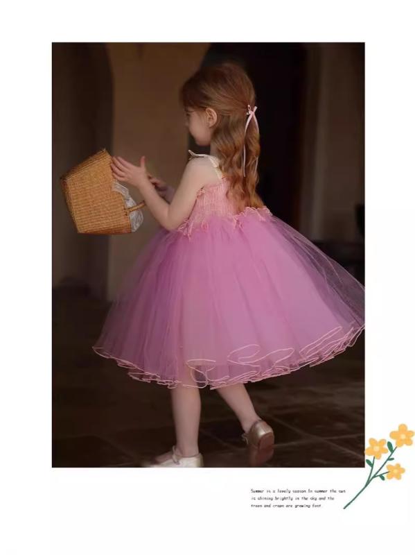 ワンピース キッズ 女の子 パフスリーブ チュールスカート 子供 プリンセス かわいい ノースリーブ ピンク系 イエロー パープル 100 110 120 130 140cm