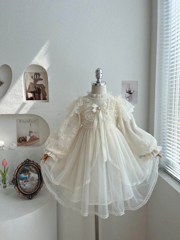 ワンピース キッズ 女の子 レース パフスリーブ チュール プリンセス 春秋 子供 チュールスカート ベージュ ピンク かわいい ガーリー フォーマル 発表会 結婚式 100 110 120 130 140 150 160