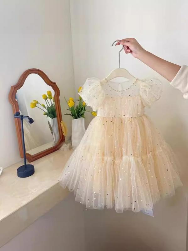 ワンピース キッズ 女の子 韓国風 子供服 高級感 チュール パフスリーブ 誕生日 プリンセス シャンパンカラー 90cm 100cm 110cm 120cm 130cm 140cm 150cm