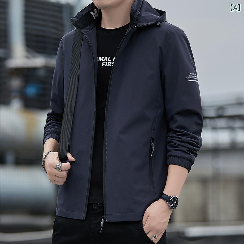 ジャケット メンズ 男性用 防水 アウター ブルゾン ジャンパー スタンドカラー 多ポケット 羽織り スプリングコート ライトアウター 普段使い 合体型 長袖 無地 ポリエステル 春秋 薄手 ブラック 黒 グレー 灰色 ブルー 青 M L XL 2XL