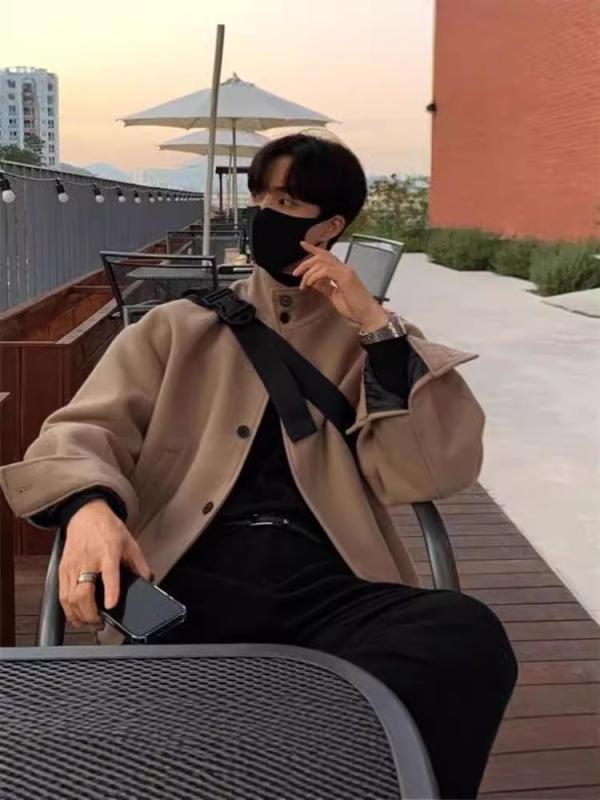 ジャケット 男性用 毛織 アウター 立襟 無地 春秋 長袖 防風 青年 ジャンパー ブルゾン 黒 カーキ色 M ..