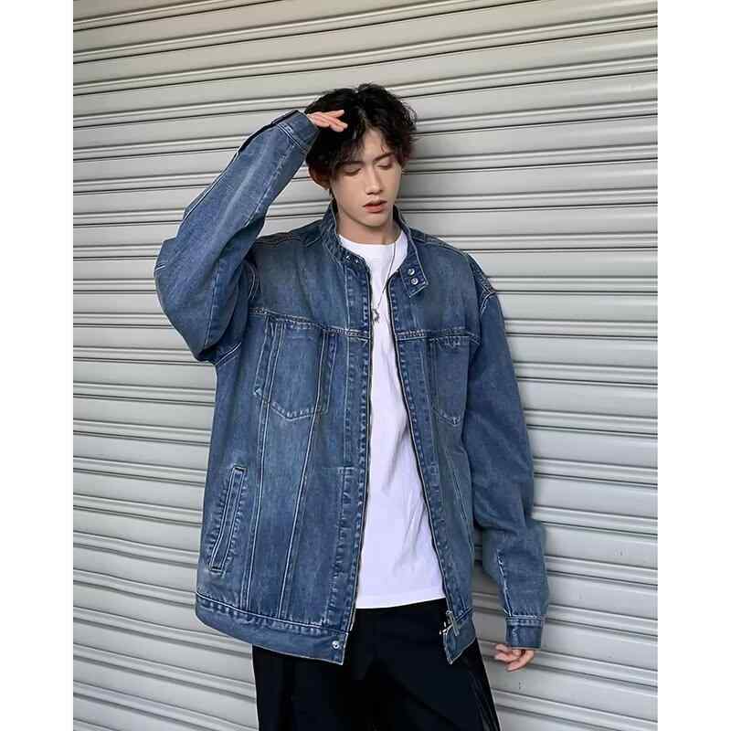ジャケット 男性用 デニム 春秋物 アウター レトロ ワークジャケット ゆったり スタンドカラー ウォッシュ加工 ブラック ブルー ポリエステル