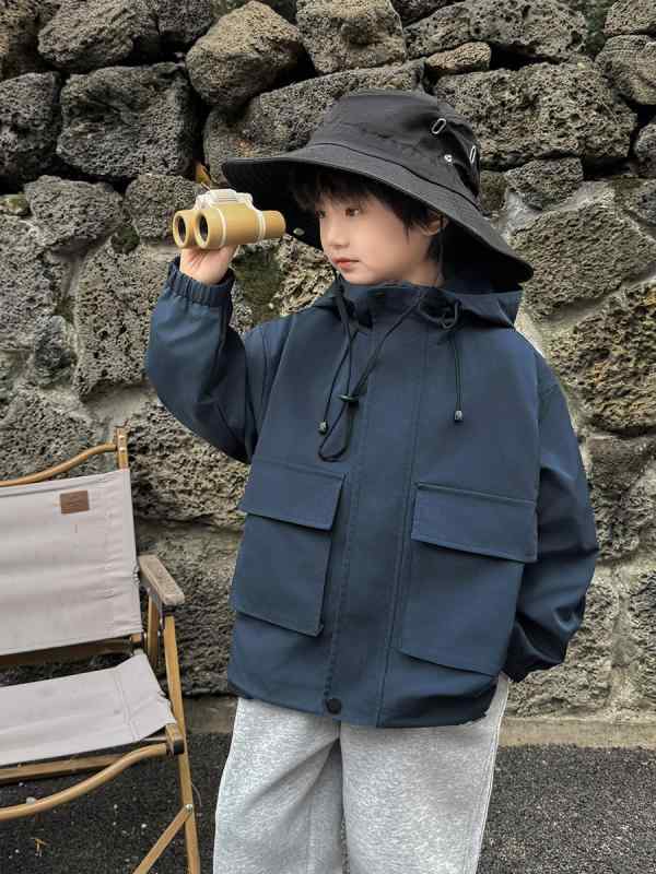 ジャケット キッズ 男の子 子供用 マウンテンパーカー 防風 撥水 アウター ジャンパー フード付き 7歳 8歳 9歳 10歳 11歳 12歳 13歳 14歳 春秋 ポリエステル 紺色