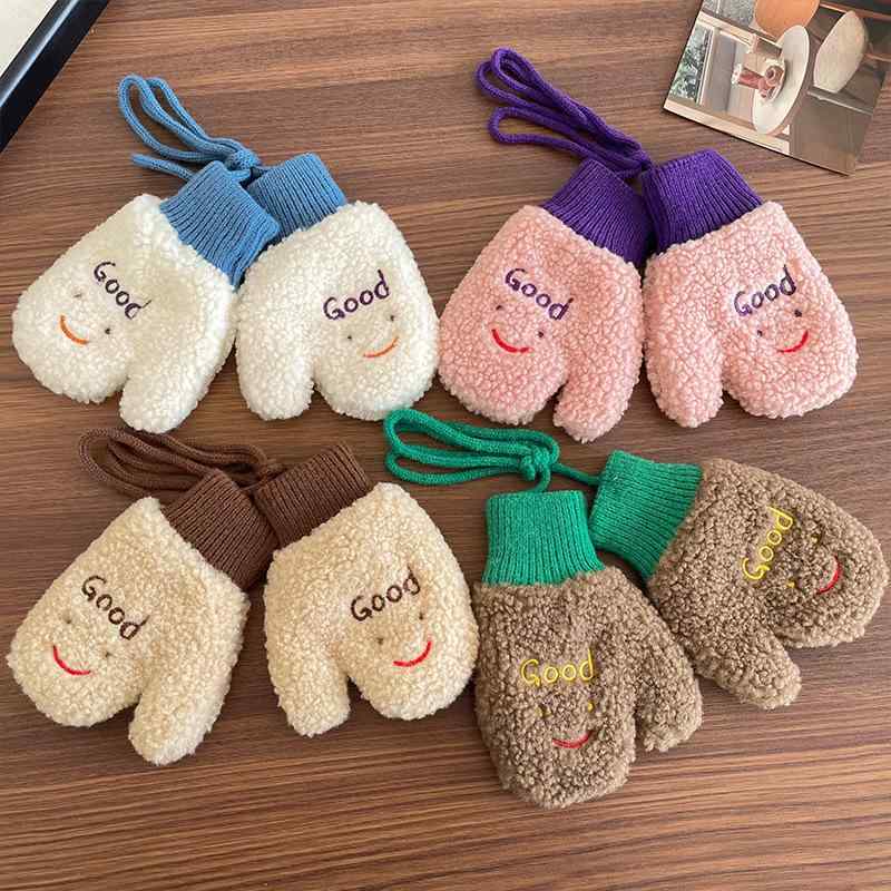 手袋 キッズ 子供用 笑颜 あったか 防寒 グローブ ミトン 一体型 ネックウォーマー 秋冬 コーヒー色 ピ..