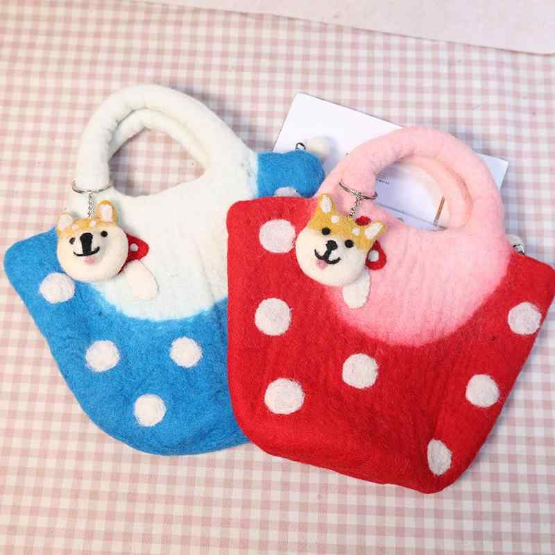 手提げかばん レディース かわいい ウール フェルト キノコ ドット柄 ミニバッグ 秋冬 コート アクセサリー 赤色 青色 普段使い 旅行(x3)