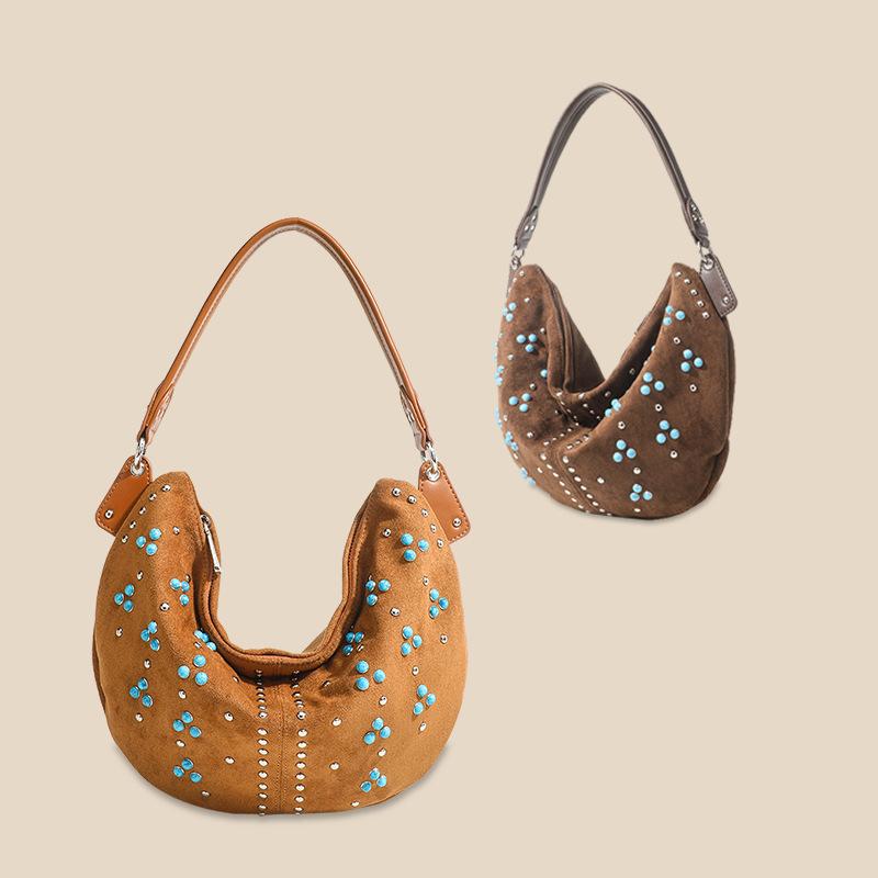 バッグ レディース 鞄 レトロ 鋲 スタッズ スエード ショルダー トートバッグ 茶色 コーヒー色 普段使い