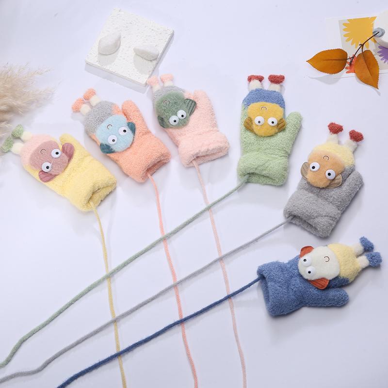 手袋 キッズ 子供用 ニット手袋 カートゥーン柄 紐付き 裏起毛 あったか 防風 防寒 秋冬 0歳 1歳 2歳 3歳 4歳 5歳 6歳(4)
