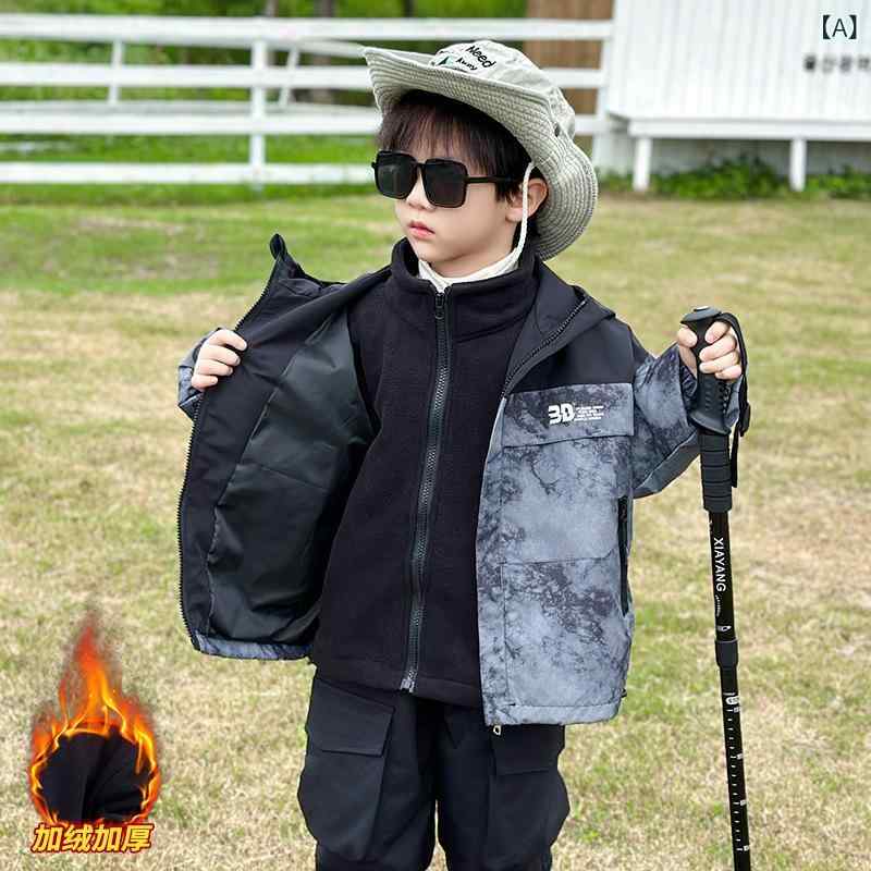 衝鋒衣 キッズ 男の子 防風 防水 防寒 裏起毛 ジャケット アウター アウトドア スポーツ ウェア 登山 トレッキング キャンプ 釣り 旅行 ブラック グリーン(4)