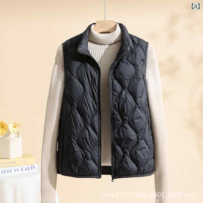 ダウンベスト レディース 秋冬 ショート丈 立ち襟 女性用 ベスト チョッキ アウター 軽量 防寒 あったか 暖かい 重ね着 スリム おしゃれ かわいい カジュアル 通勤 ブラック 黒