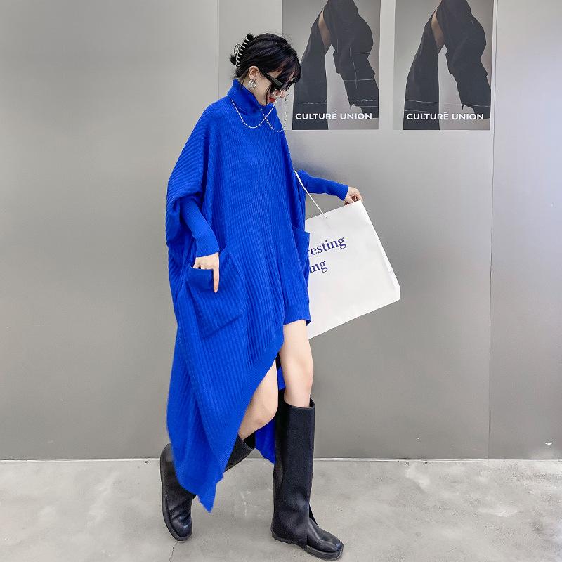 ワンピース レディース 高めのネック 長袖 ニット チュニック ゆったり 大きめサイズ 不規則 ヘムライ..