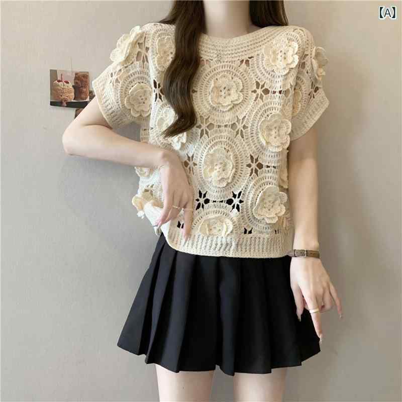 ニット レディース 半袖/長袖 立体花柄 刺繡 接触冷感 薄手 トップス カットソー サマーニット 杏色/白..