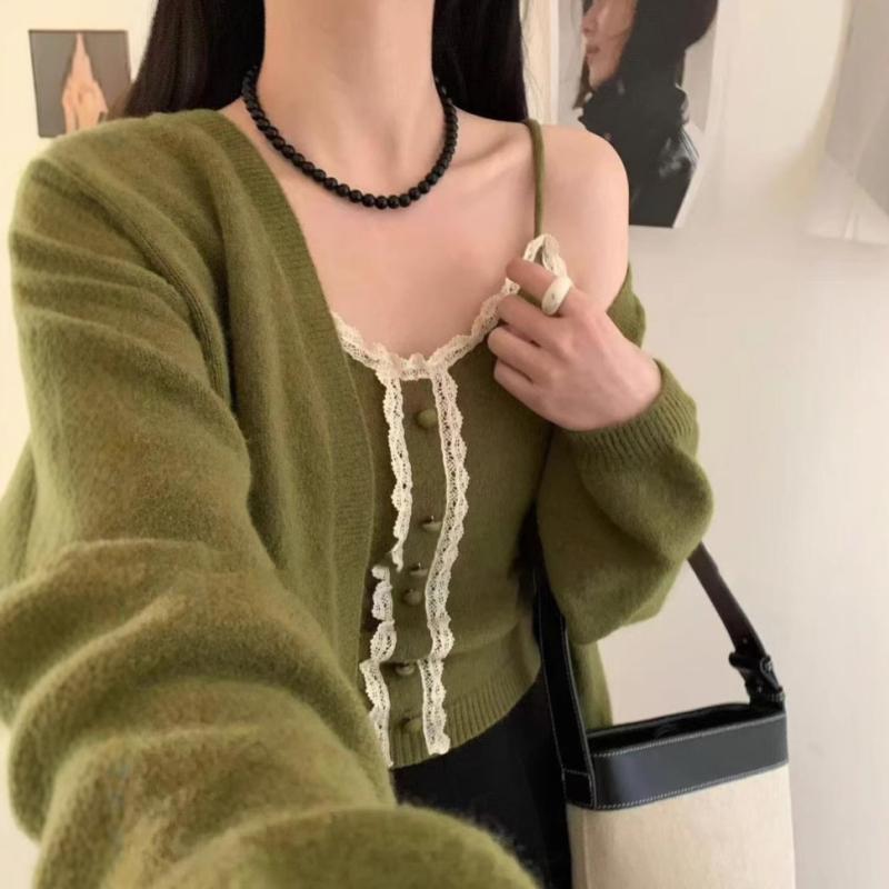 カーディガン レディース 秋冬 レース 花柄 ニット キャミソール セットアップ ポリエステル 幾何学模..