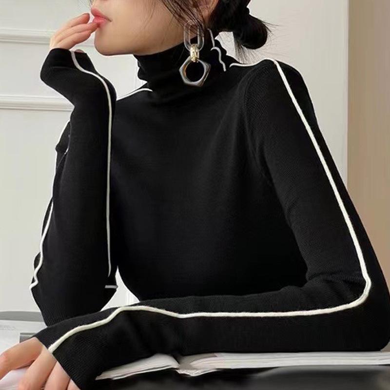 ニット レディース 高めネック インナーウェア 秋冬 トップス プルオーバー ポリエステル混紡 無地 レギュラー袖 ショート丈 直筒型 通勤 米白色 ブラック コーヒー色