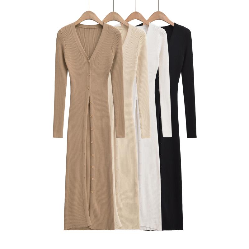 ニットカーディガン レディース Vネック ミラードカラー 長袖 ロング丈 ニット カーデ 羽織り アウター..