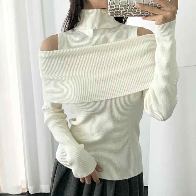 ニット レディース オフショルダー タートルネック 長袖 トップス 春秋 無地 スリム フィット リブニット セクシー ブラック ホワイト レッド
