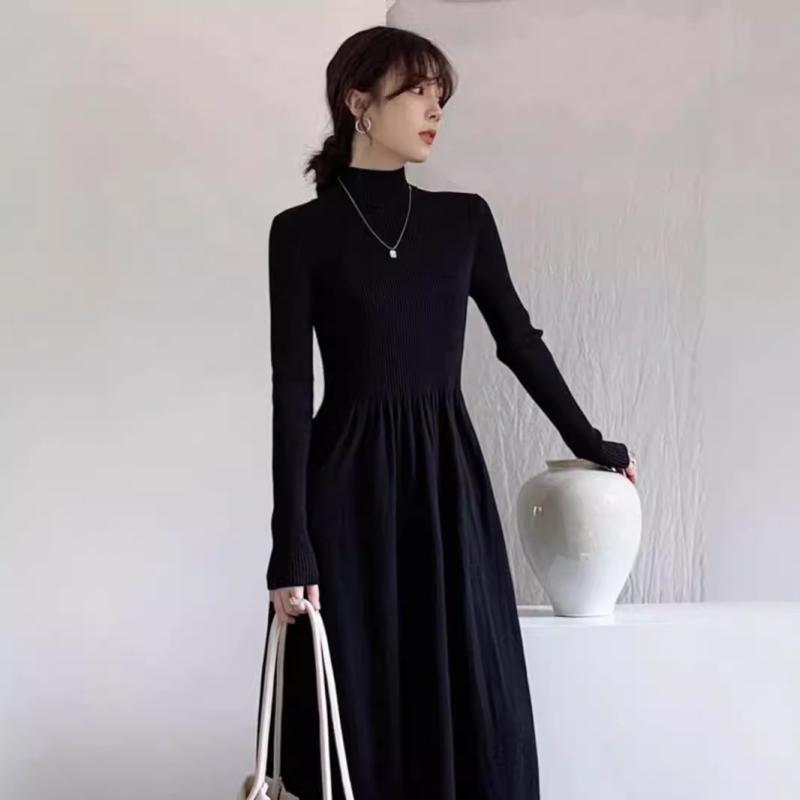 ニットワンピース レディース 黒 ロングワンピース 法式ワンピース インナーワンピース 秋冬 長袖 チュニック ポリエステル