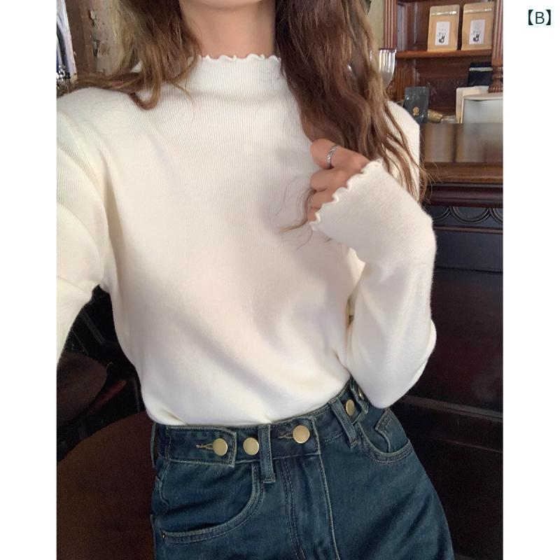 ニット レディース 早秋 インナー トップス モックネック メロウフリル デザイン 長袖 プルオーバー 薄手 レトロ ゆったり かわいい ブルー ホワイト ブラック ベージュ カーキ コーヒー