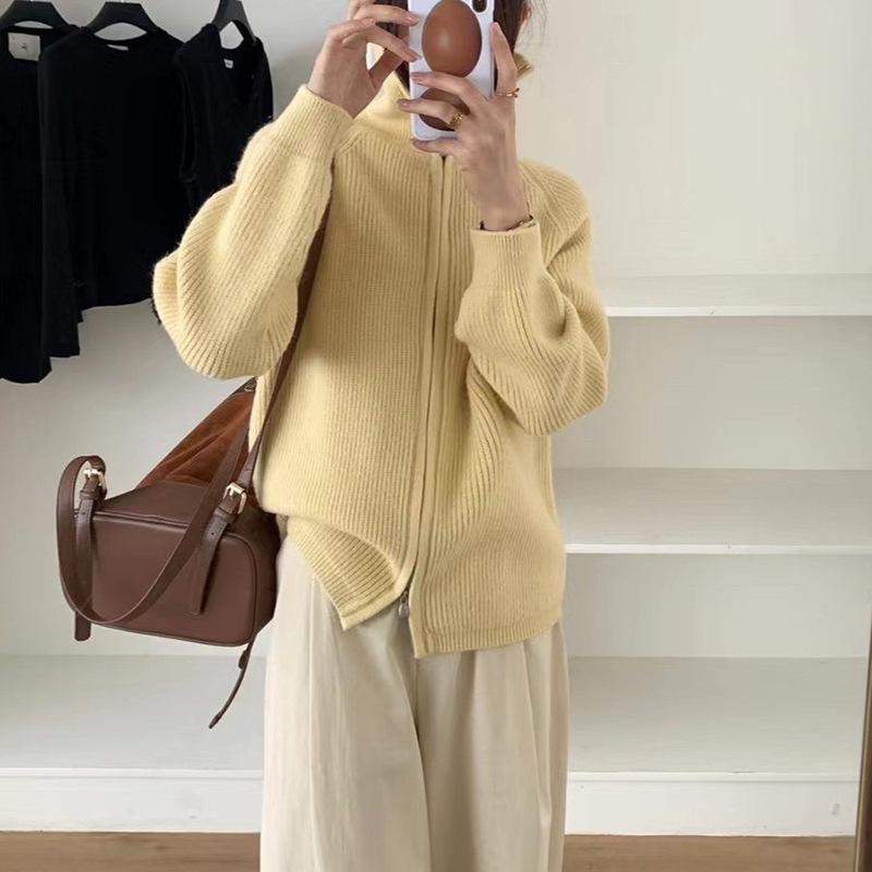 ニット カーディガン レディース 韓国 ファッション 卵型 ダブルジッパー 襟付き 秋冬 厚手 ニットカー..