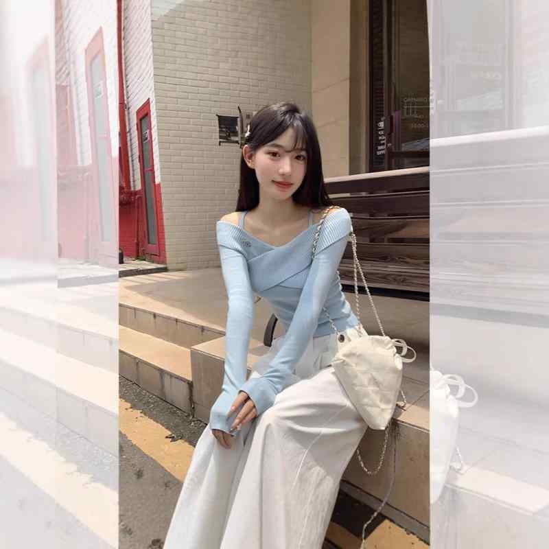 ニット レディース ブルー系 オフショルダー 長袖 トップス 秋冬 接触冷感 無地 きれいめ 通勤