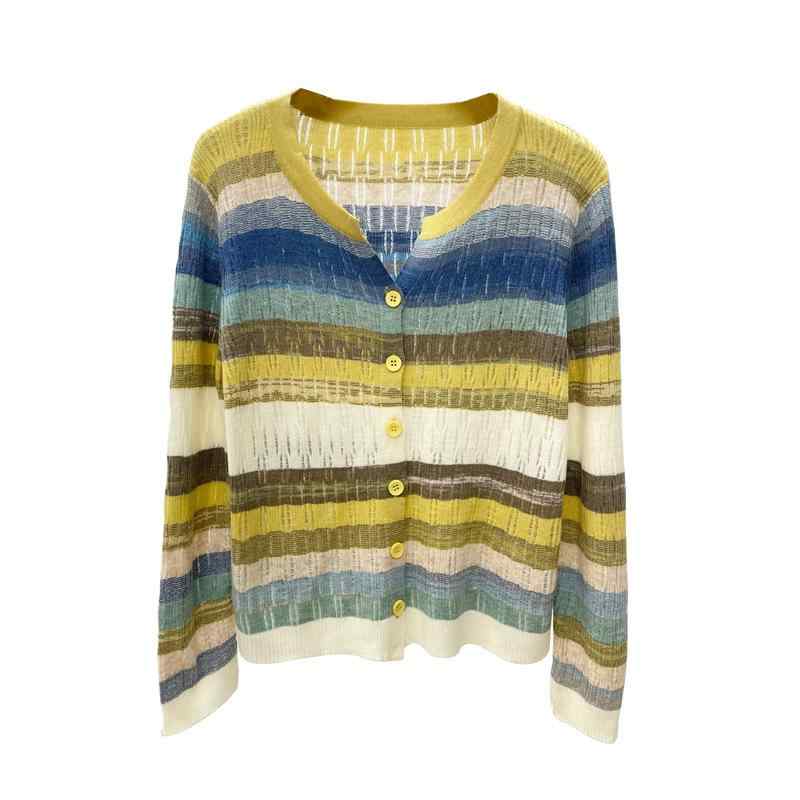 ニット カーディガン レディース 春 Vネック ストライプ 配色 長袖 トップス 薄手 オフィス カジュアル 通勤 きれいめ エレガント ブルー イエロー グリーン ピンク系