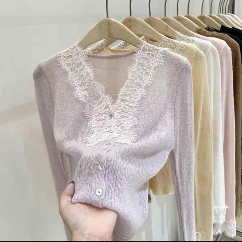 ニット カーディガン レディース 春秋 薄手 Vネック 長袖 レース 切り替え デザイン モヘア風 接触冷感 紫外線対策 普段使い かわいい ブラック パープル コーヒー色 ホワイト アプリコット ピンク系