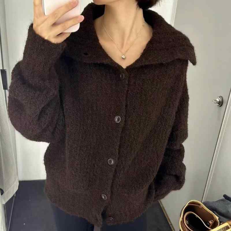 ニットカーディガン レディース アルパカ混紡 翻襟 トップス 長袖 秋冬 ブラウン ローズピンク 水色 ベ..