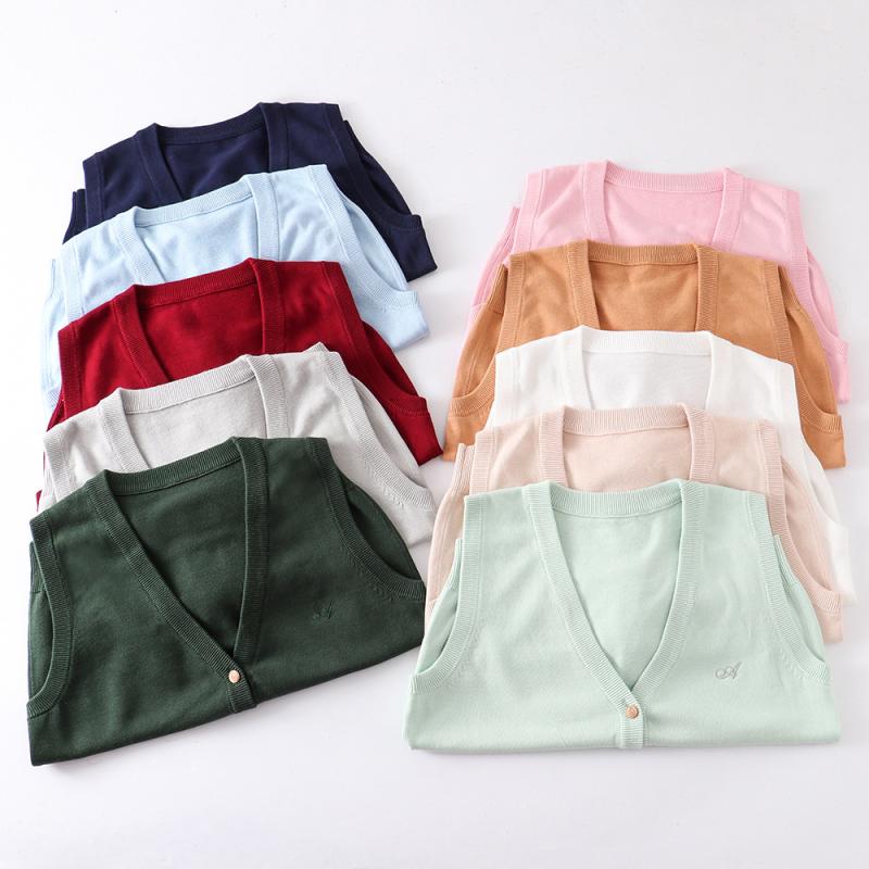 ニットベスト レディース 学院風 コットン Vネック カーディガン ノースリーブ トップス 薄手 刺繍 春..