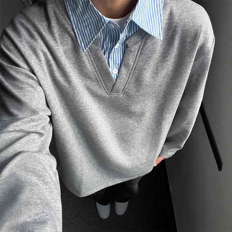 スウェット メンズ 春秋 トップス 配色 ストライプ 切り替え 襟付き 長袖 プルオーバー ゆったり 普段使い デイリー