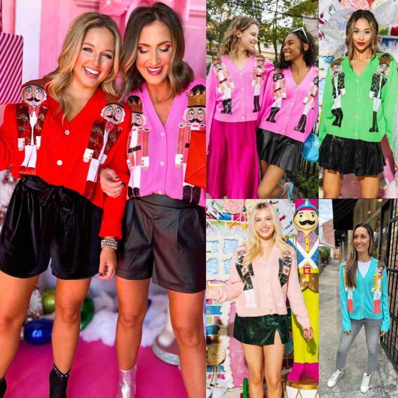 カーディガン レディース ニット 秋冬 クリスマス 胡桃割り人形 スパンコール Vネック 長袖 ゆったり ..