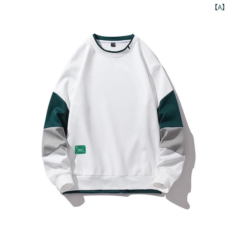 スウェット メンズ 男性用 トップス プルオーバー 丸首 接触冷感 ポリエステル 秋 春 秋冬 日系 普段使い 部屋着 ラフ ゆったり 大きいサイズ 白 ホワイト グレー 灰色 緑 グリーン 黒 ブラック