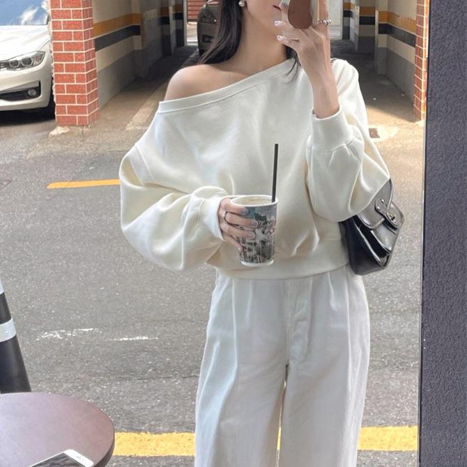 スウェット レディース 春秋 トップス 長袖 ラウンドネック 肩出し デザイン ゆったり 韓国風 カジュア..