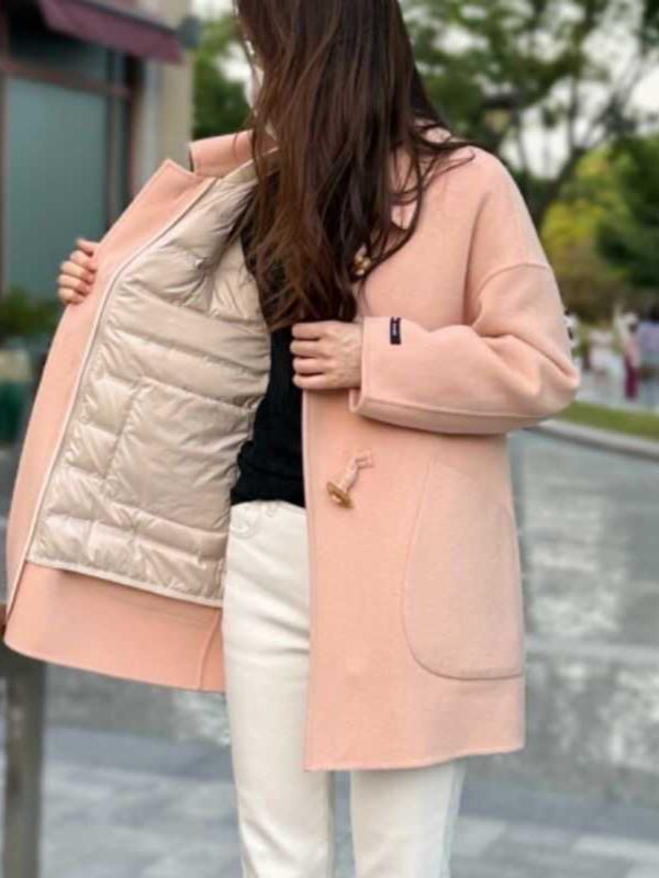 コート レディース 秋冬 取り外し可能 ダウンライナー付き ウール混 アウター 小柄 中丈 POLO襟 長袖 3D効果 快適 桜色 ピンク系 ブラック 無地 ポケット ゆったり 普段使い 通勤