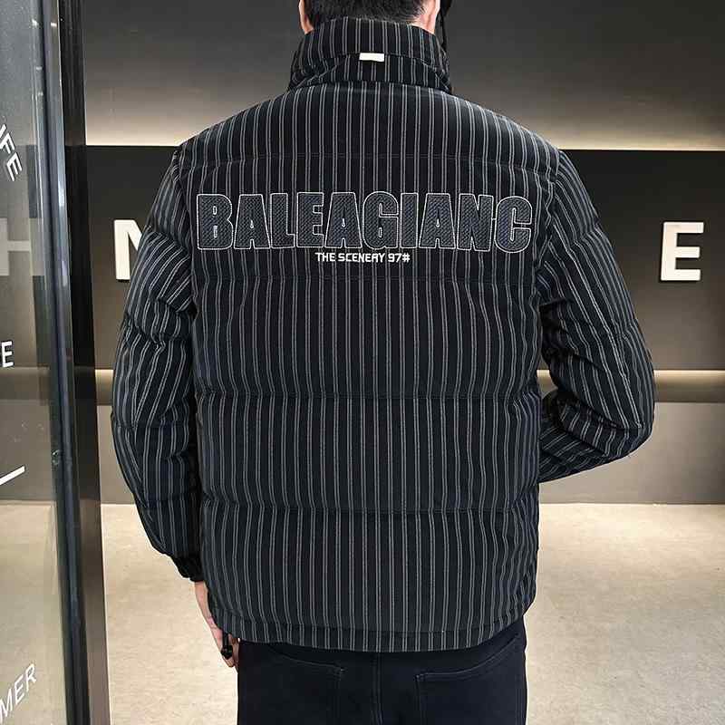 羽绒服 メンズ 立襟 ストライプ レザー ダウン ジャケット 防風 撥水 厚手 防寒 暖かい 合体型 黒 M L XL XXL XXXL 4XL 秋冬