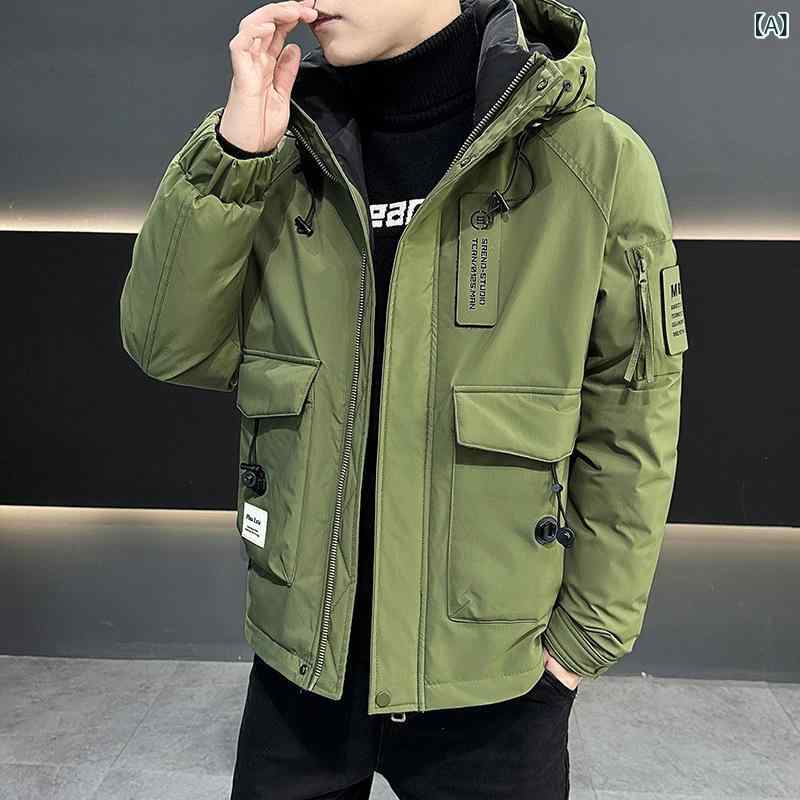 ダウンジャケット メンズ 軽量 防寒 撥水 フード付き ポリエステル アウター 秋冬 カーキ色