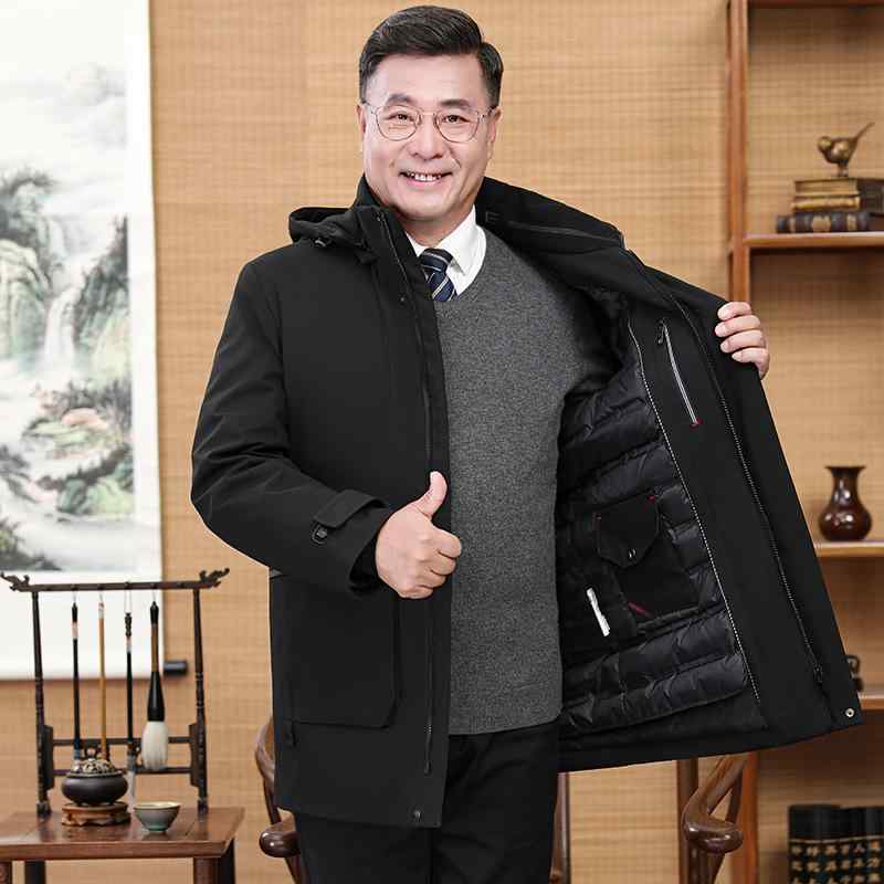 羽毛 ダウン ジャケット メンズ 男性用 冬服 取り外し可能 フード付き 中高年 シニア 向け 大きいサイズ 防寒 防風 暖かい アウター